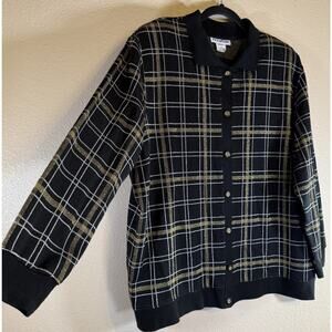 Vtg Eccotoo Plus 2X Black Metallic Thread Plaid Sweater Cardigan Holiday